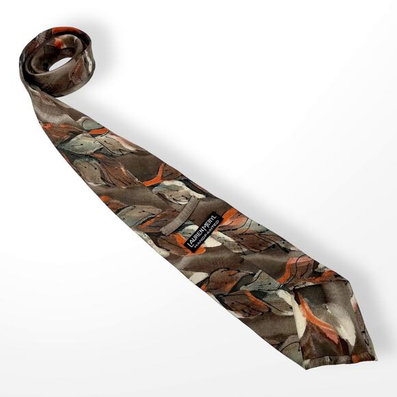 90s LAUREN MERYL Vintage Brown Orange Silk Painted Tie - Picture 2 of 6